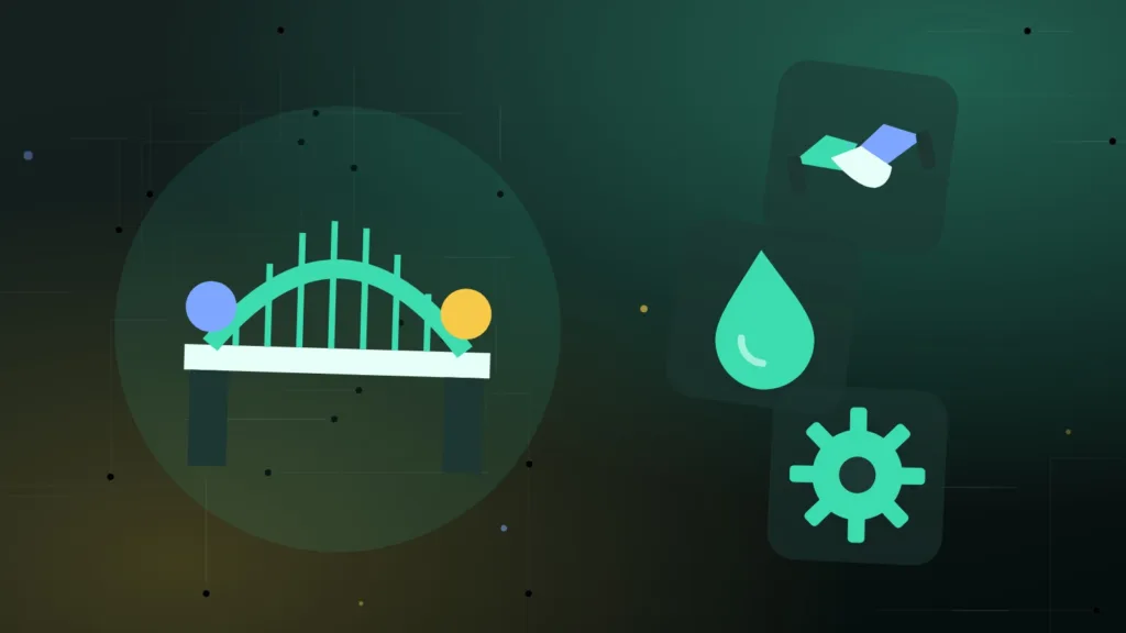 A bridge above a handshake, a liquid drop and a turning gear