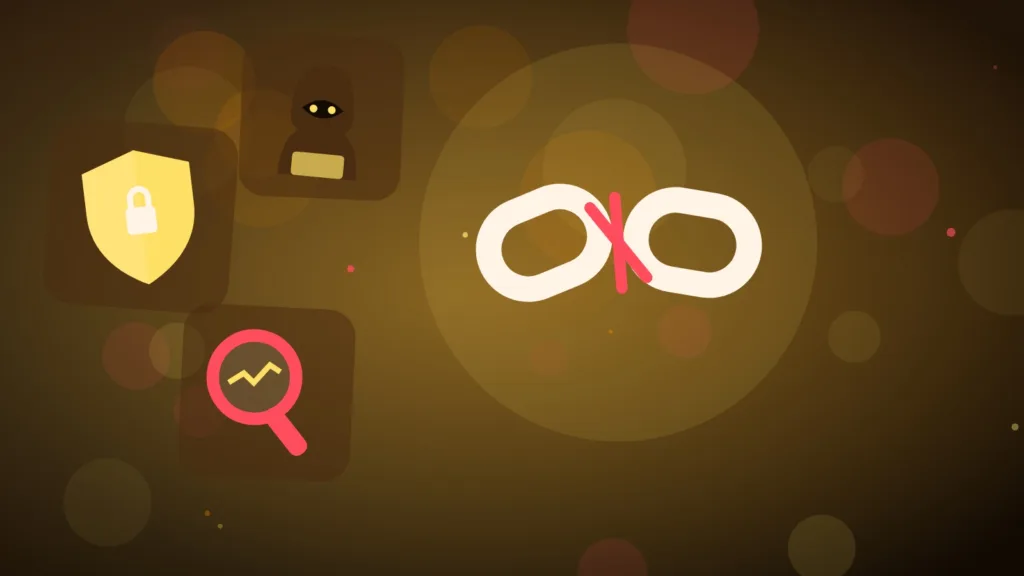 A broken chain and a hooded figure beside a shield and magnifying glass