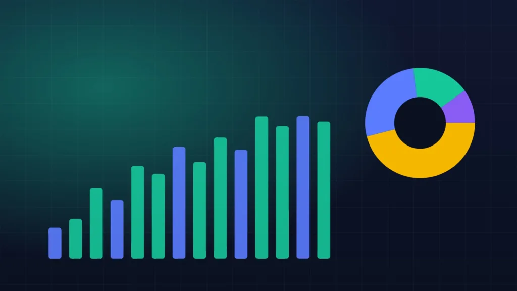 Abstract bar chart with one tall column rising above a dotted target line