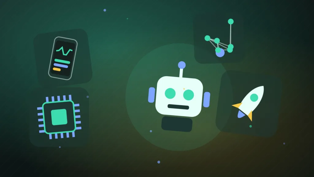 Abstract robot beside a chip, connected nodes, a phone and a small rocket
