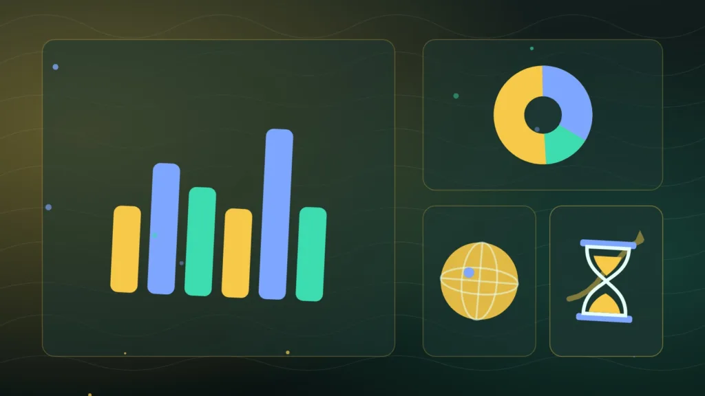 Abstract bar chart and pie chart beside a globe, rising line and hourglass