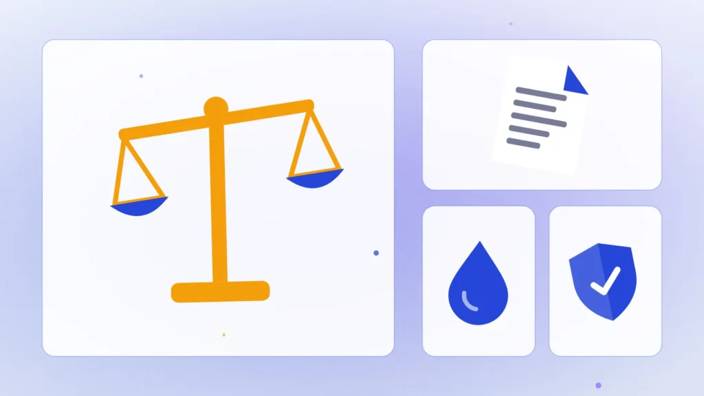 Balance, document, goutte de liquidité et bouclier, en illustration à plat de la régulation financière