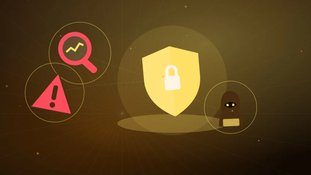 Hooded hacker facing a shield, magnifying glass and warning sign, illustrating DNS hijacks