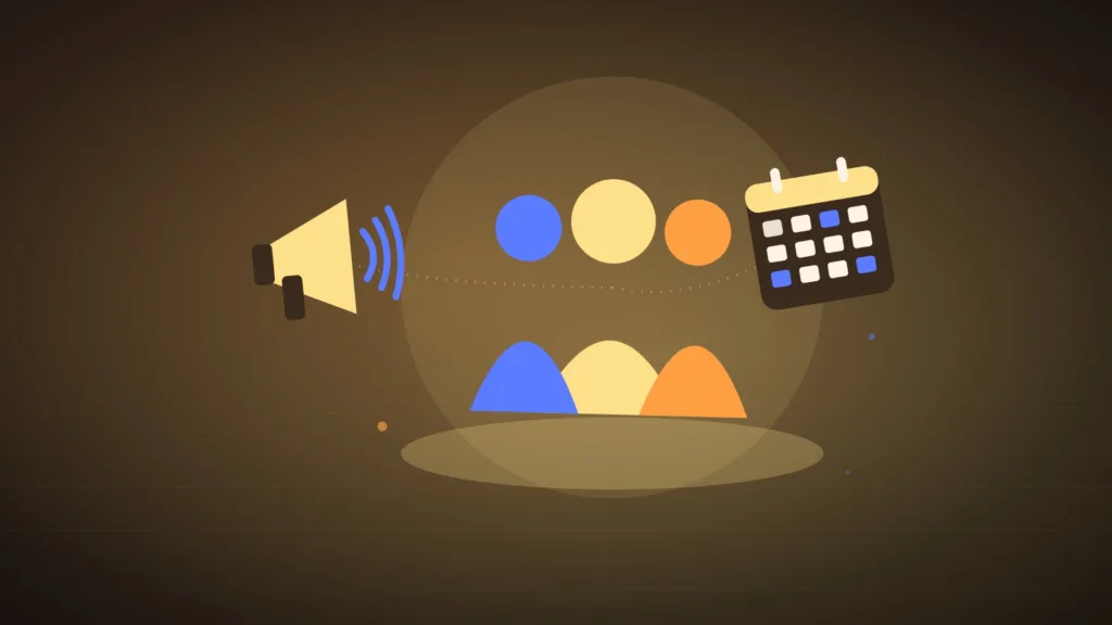 Un groupe de personnes, un mégaphone et un calendrier, illustrant une conférence de deux jours sur les stablecoins avec intervenants et sponsors