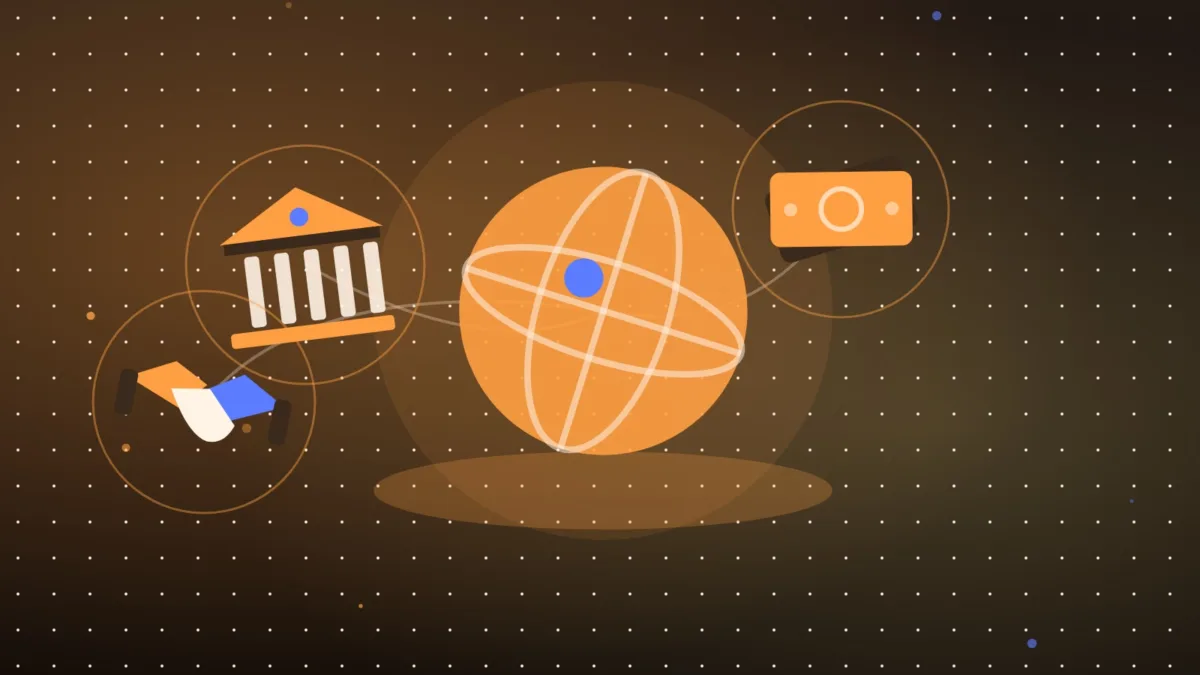Globe avec une banque, des billets et une poignée de main, illustration abstraite des paiements en stablecoins