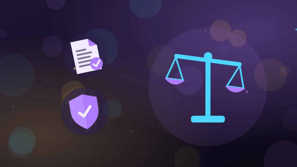 Balance de la justice à côté d’une licence signée et d’un bouclier, illustrant la régulation des cryptos en Afrique du Sud