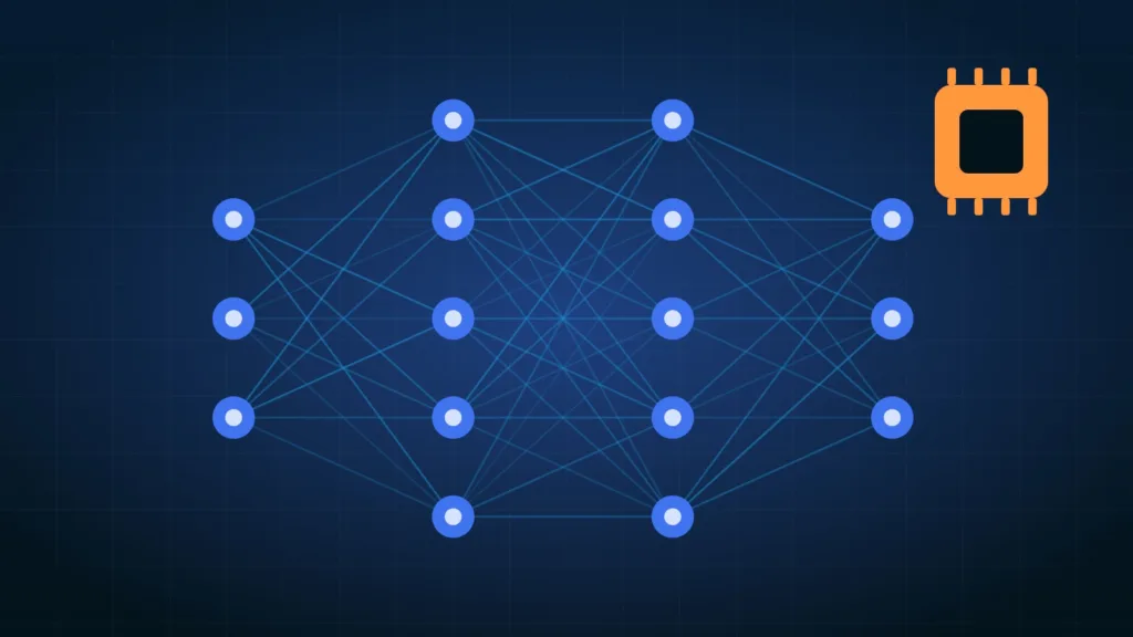 Réseau abstrait de nœuds lumineux et de lignes de circuit évoquant l'intelligence artificielle et la blockchain