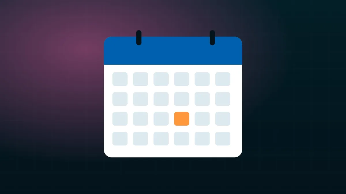 Pages de calendrier illustrées à côté d'un hall d'exposition avec scènes et stands