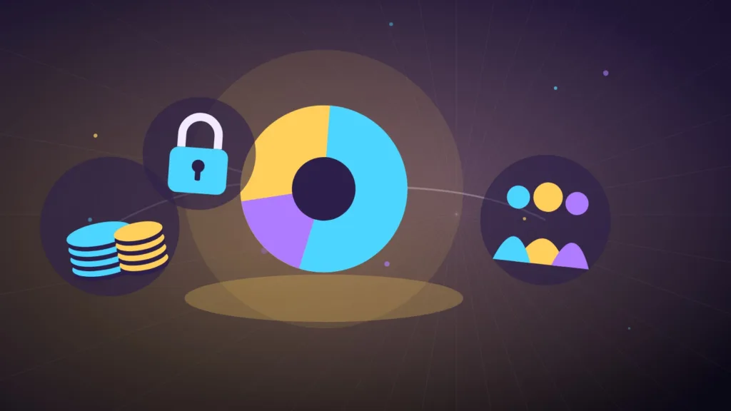 A pie chart beside a padlock, a group of people and stacked coins