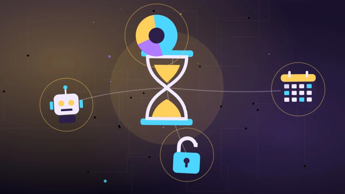 An hourglass, a padlock, a robot, a pie chart and a calendar page