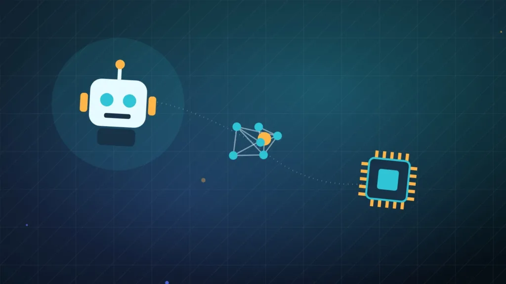 Abstract robot figure beside connected nodes and a glowing chip in calm tones