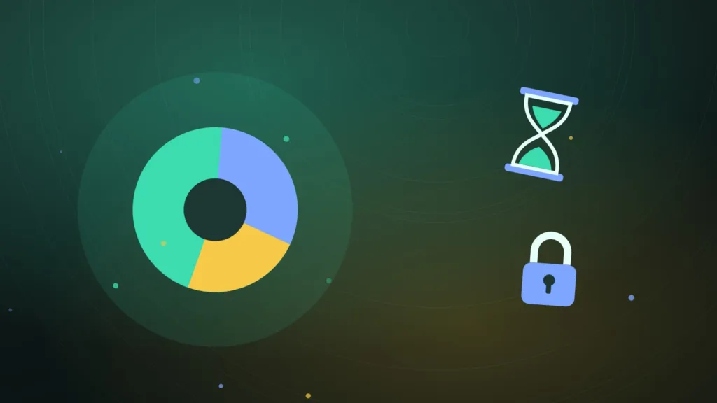 Pie chart, hourglass and padlock shapes arranged on a quiet neutral background