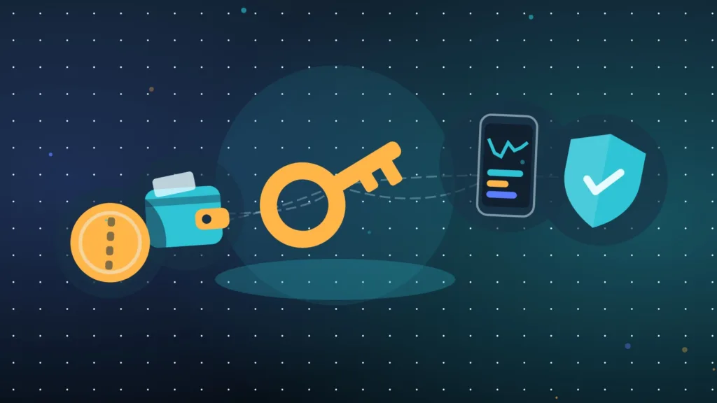 Illustration d'une clé, d'un portefeuille, d'un smartphone, d'une pièce et d'un bouclier