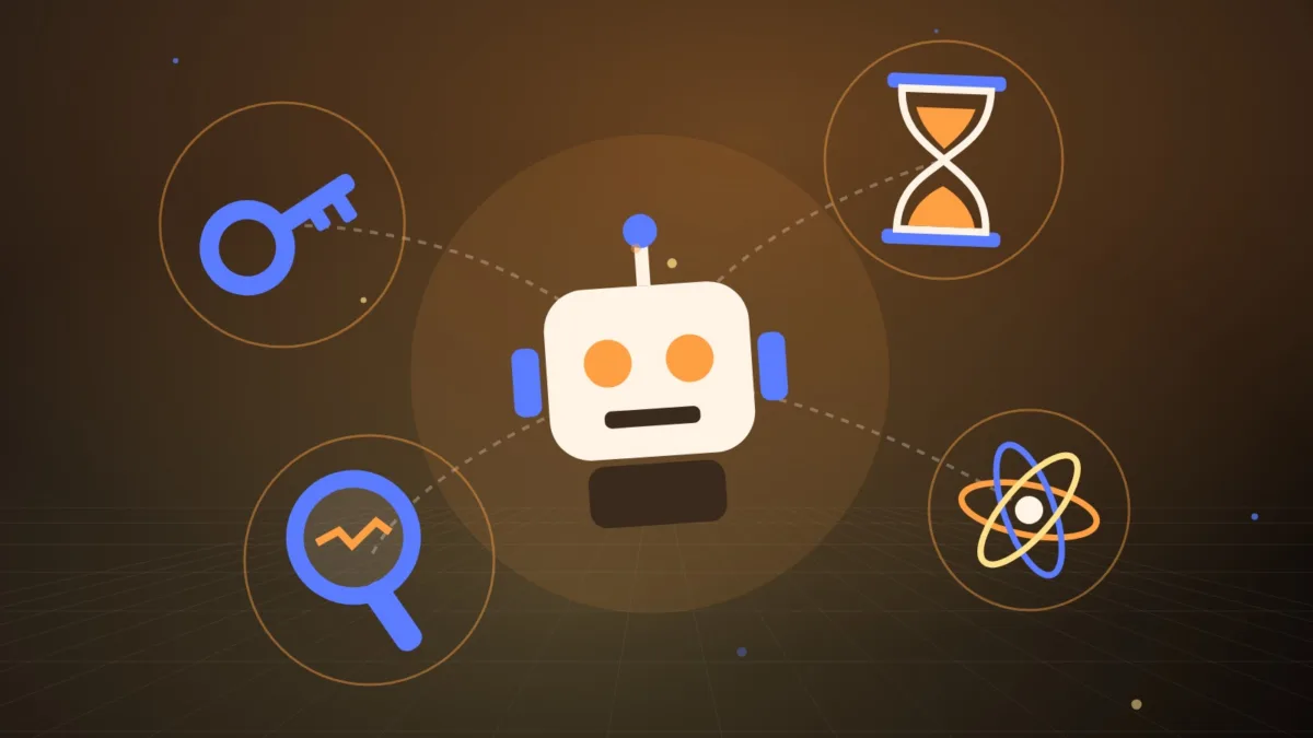 Illustration d'un robot, d'une loupe, d'une clé, d'un sablier et d'un atome