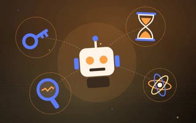 Illustration d'un robot, d'une loupe, d'une clé, d'un sablier et d'un atome