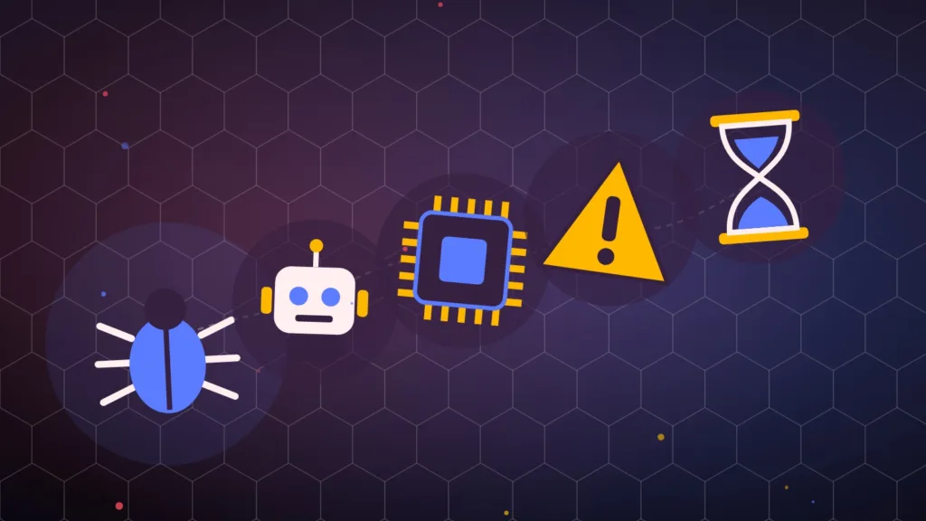 Abstract bug beside a robot and a computer chip under a warning sign