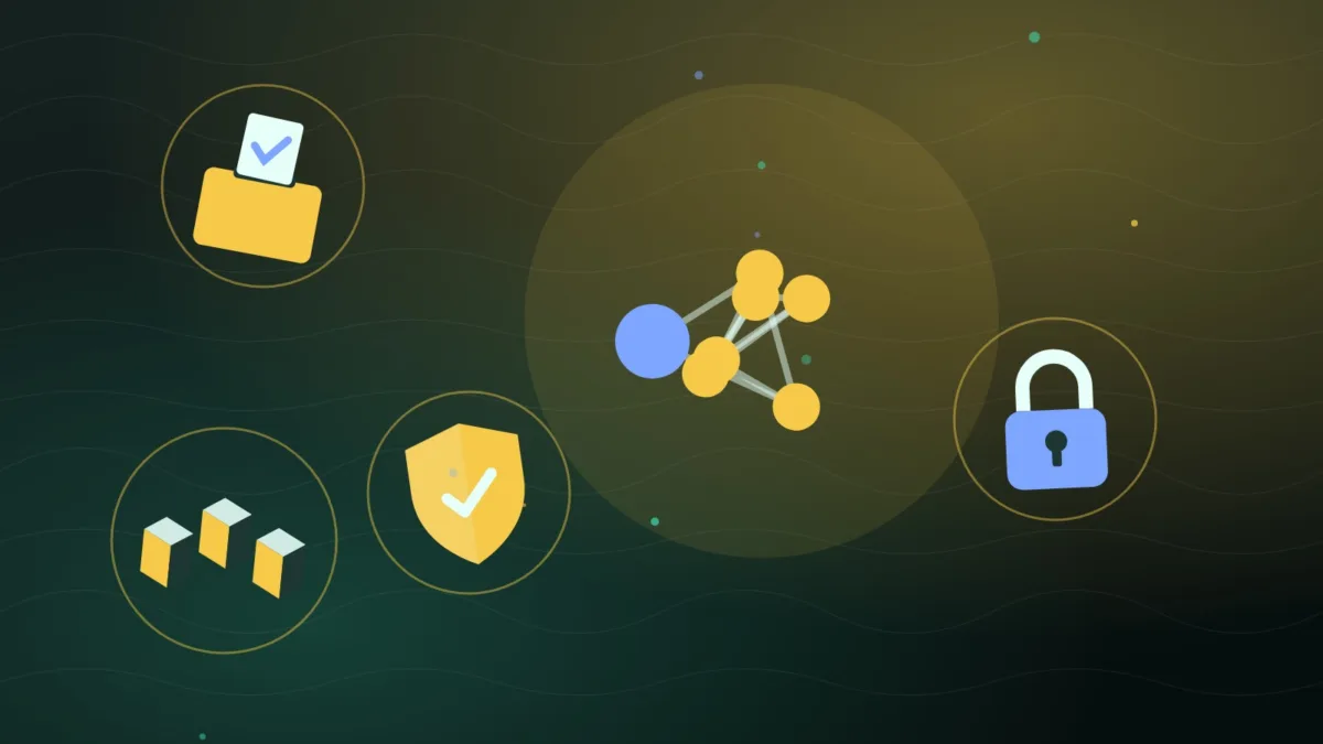 Abstract connected nodes around a ballot box, a shield and a padlock on blocks