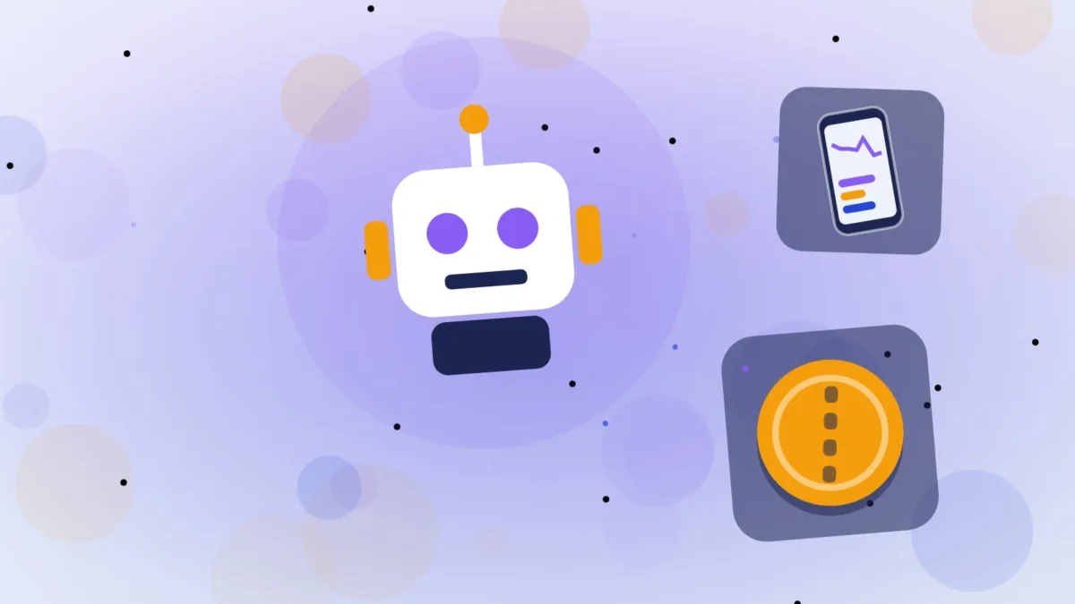 Robot astratto che tiene uno smartphone accanto a una grande moneta su sfondo semplice