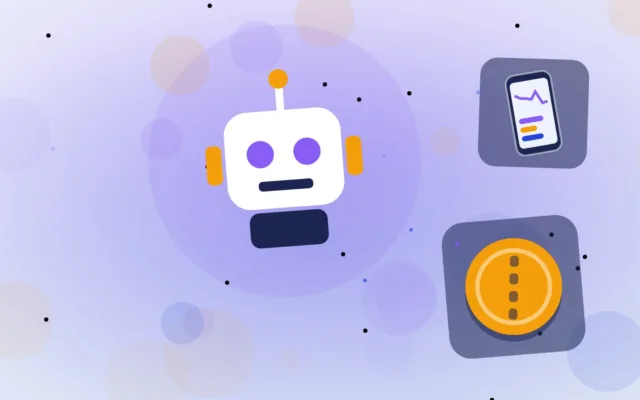 Robot abstrait tenant un smartphone à côté d'une grande pièce sur un fond uni