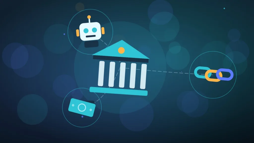 A bank building linked by a chain to banknotes, with a robot alongside