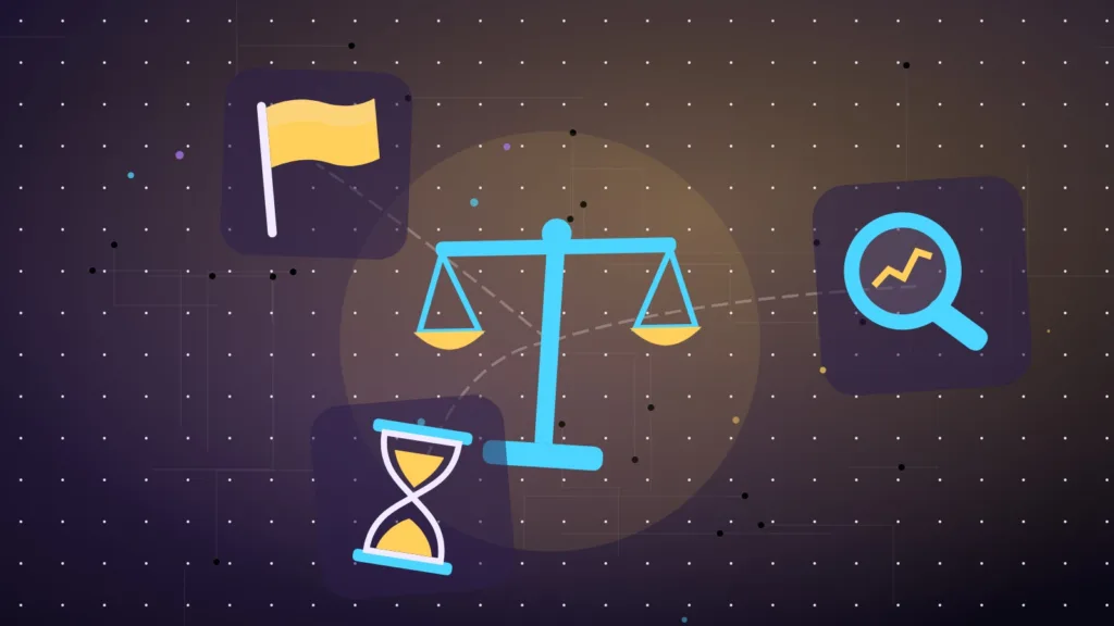 Scales of justice, a flag, a magnifying glass and an hourglass
