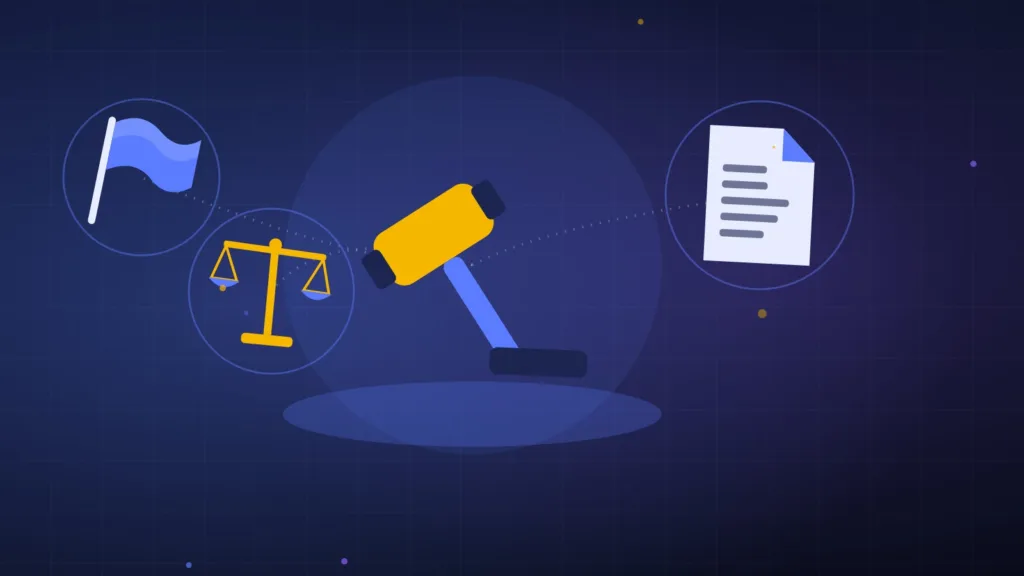Illustration d'un marteau de juge, d'une balance de la justice, d'un document et d'un drapeau
