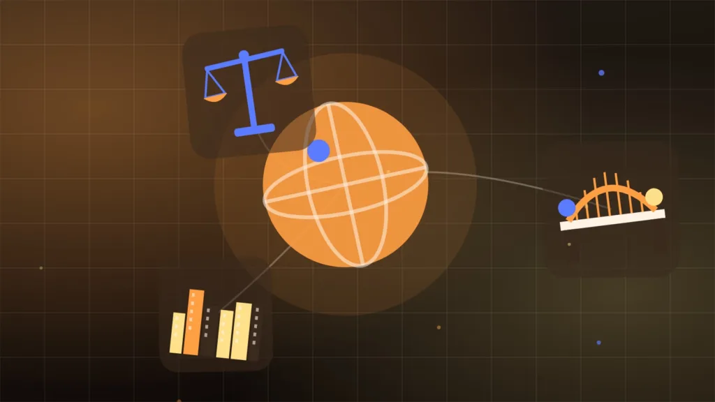Illustrazione di un globo, un ponte, uno skyline e una bilancia della giustizia