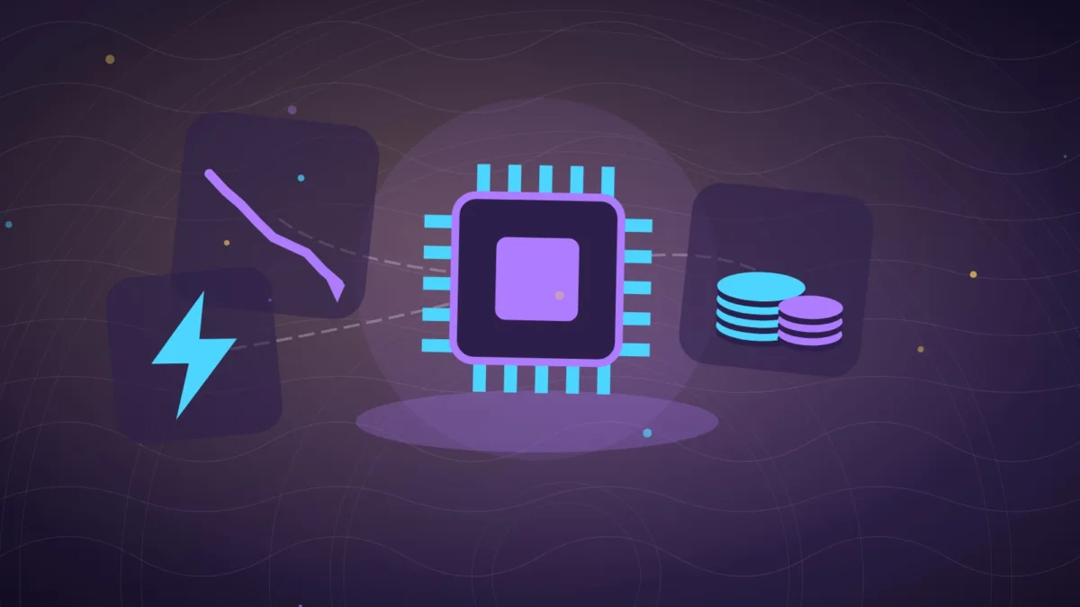 Abstract computer chip beside a falling line, coin stacks and a lightning bolt
