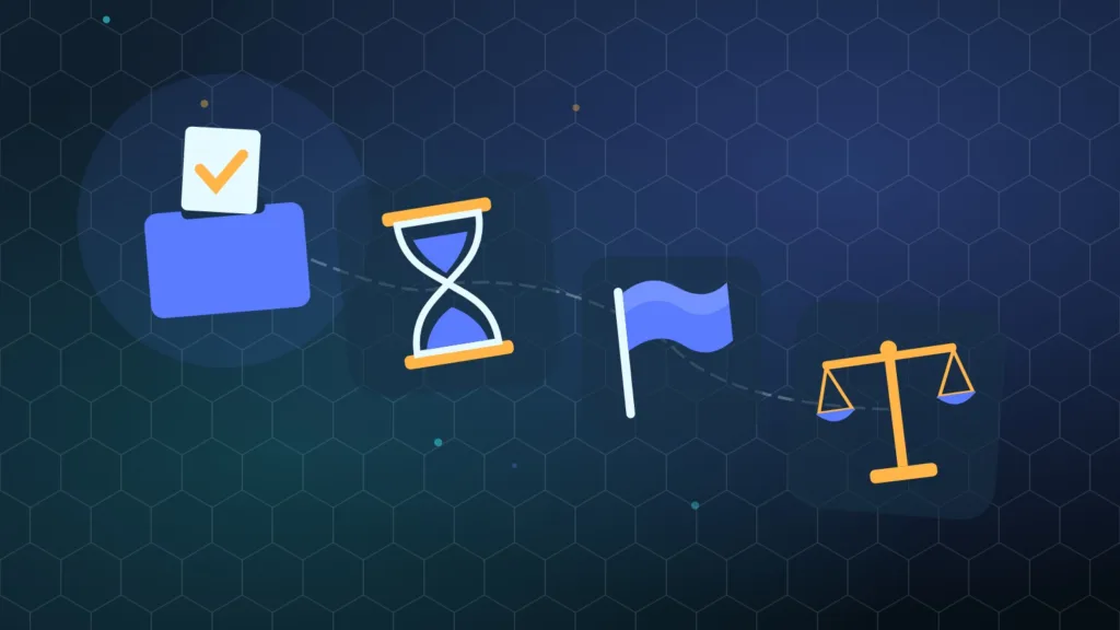 Abstract ballot box with an hourglass, a plain flag and balance scales