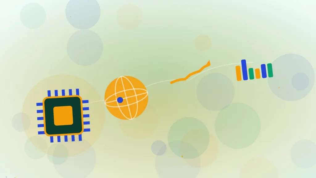 Abstract computer chip beside a globe with a rising line and bar chart
