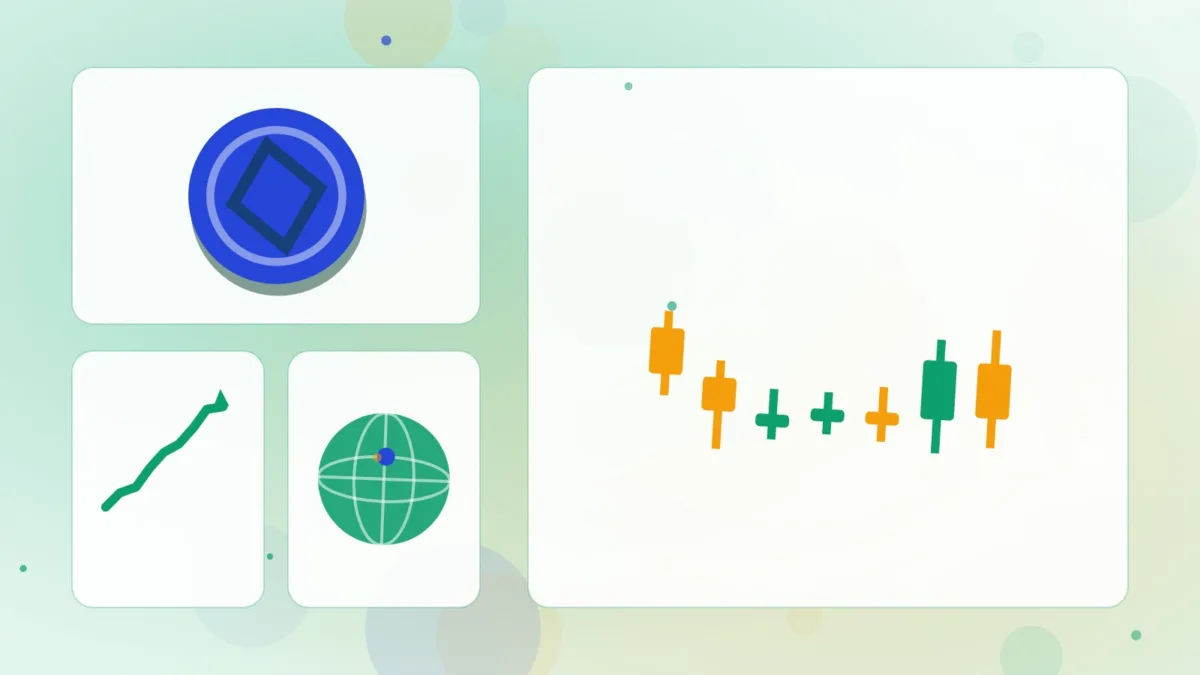 Abstract candlestick chart with a coin, a rising line and a globe