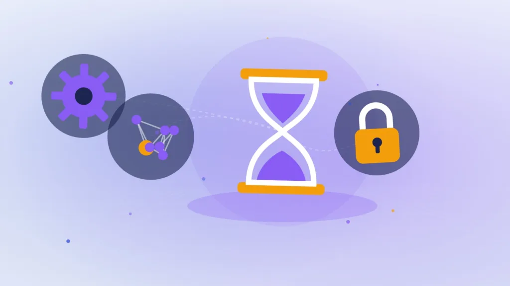 Abstract hourglass and gear over a network of nodes with a padlock