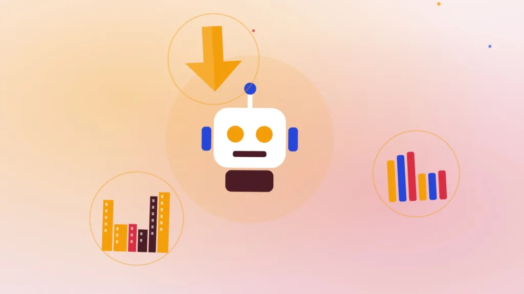 Abstract robot figure beside a city skyline, a falling arrow and bar columns