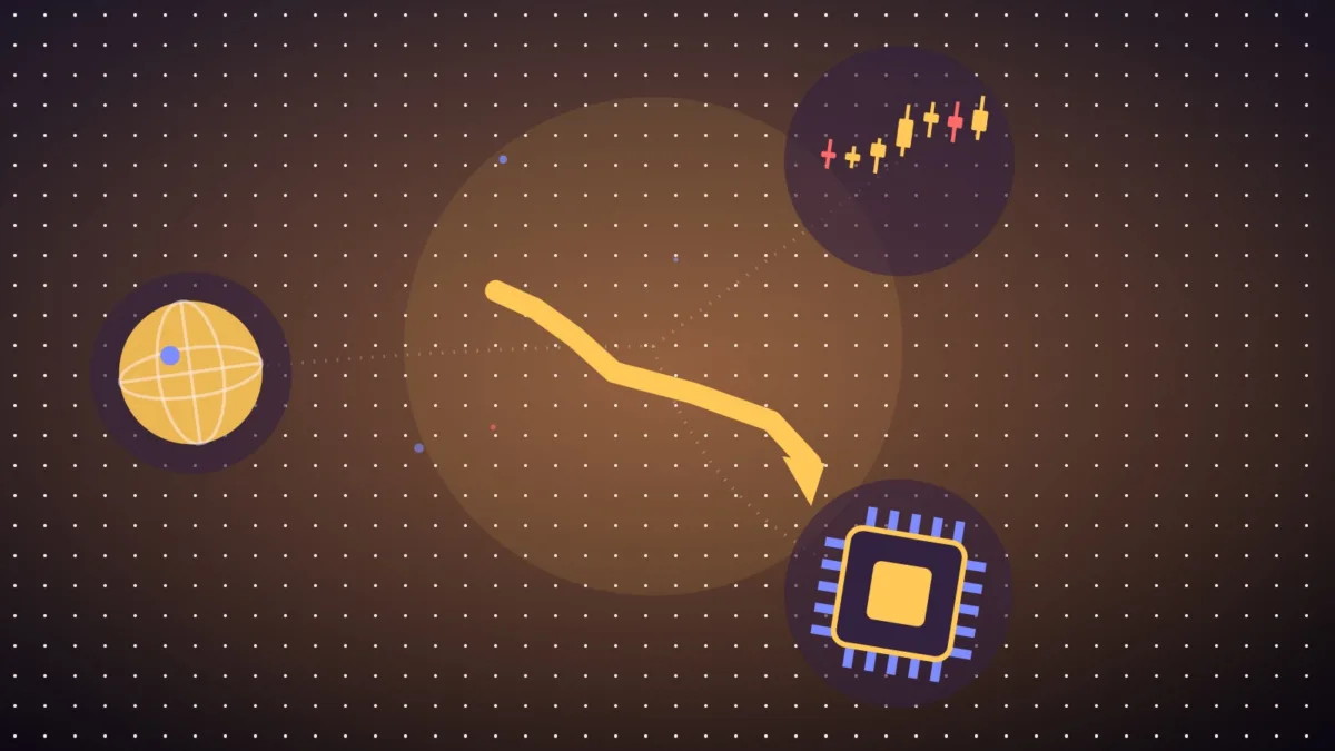 Abstract falling line over candlesticks beside a microchip and a globe