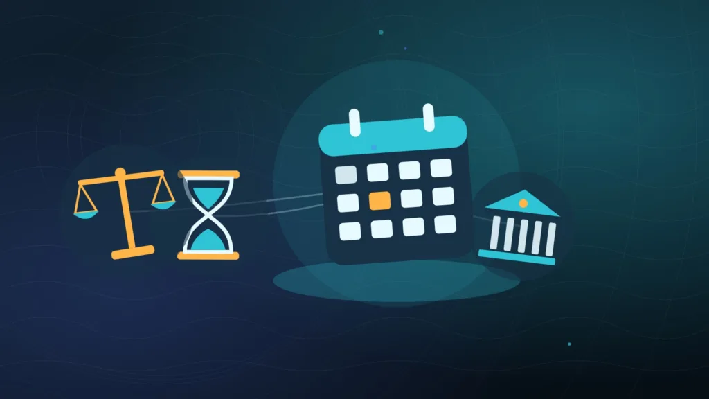 Abstract calendar and hourglass next to a bank building and balanced scales
