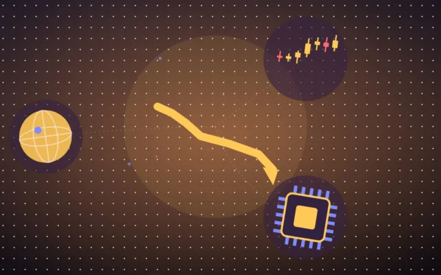 Abstract falling line over candlesticks beside a microchip and a globe
