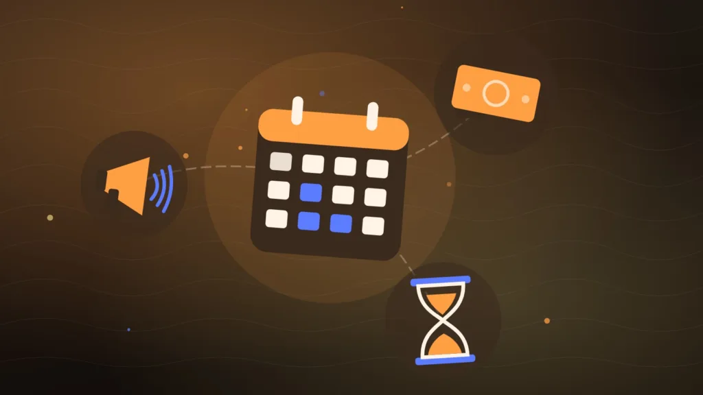 Abstract calendar beside an hourglass, a megaphone and a stack of banknotes