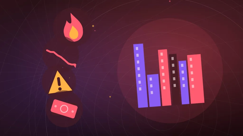 Abstract city skyline beside a flame, a falling line and a warning sign