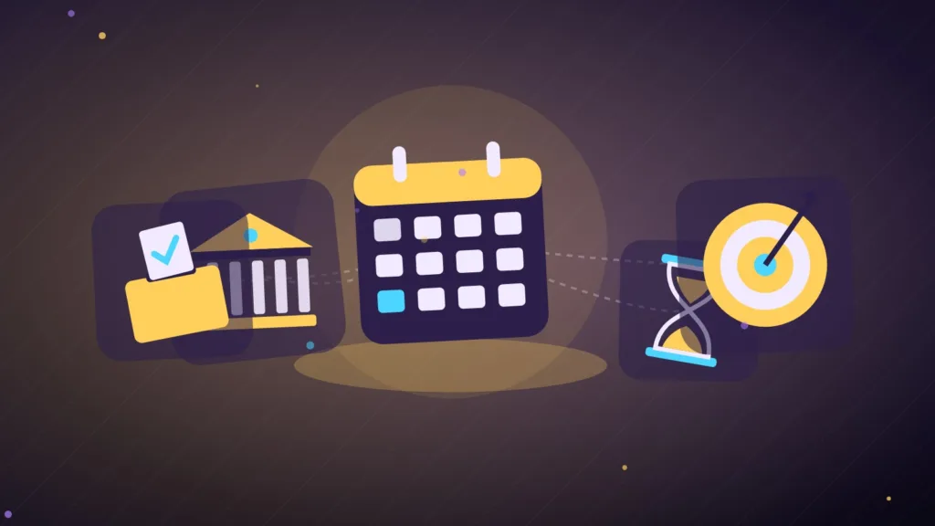 Abstract calendar and bank building beside an hourglass, a ballot box and a target