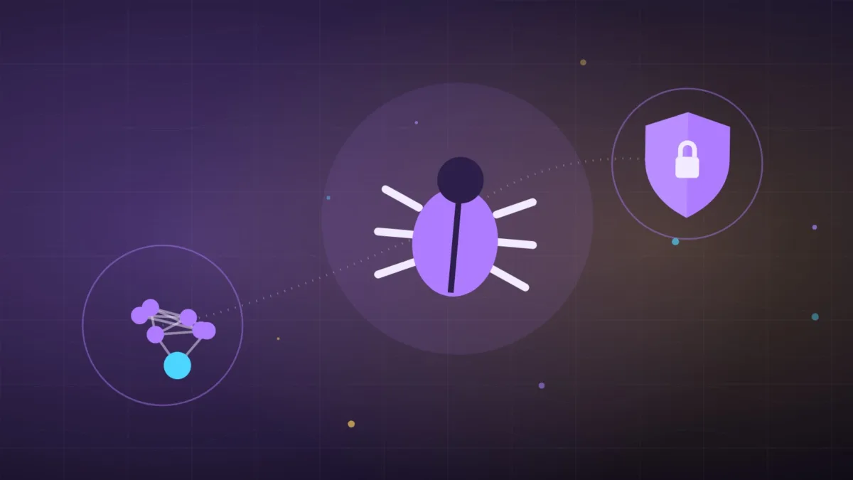 Abstract bug held back by a shield before a web of nodes