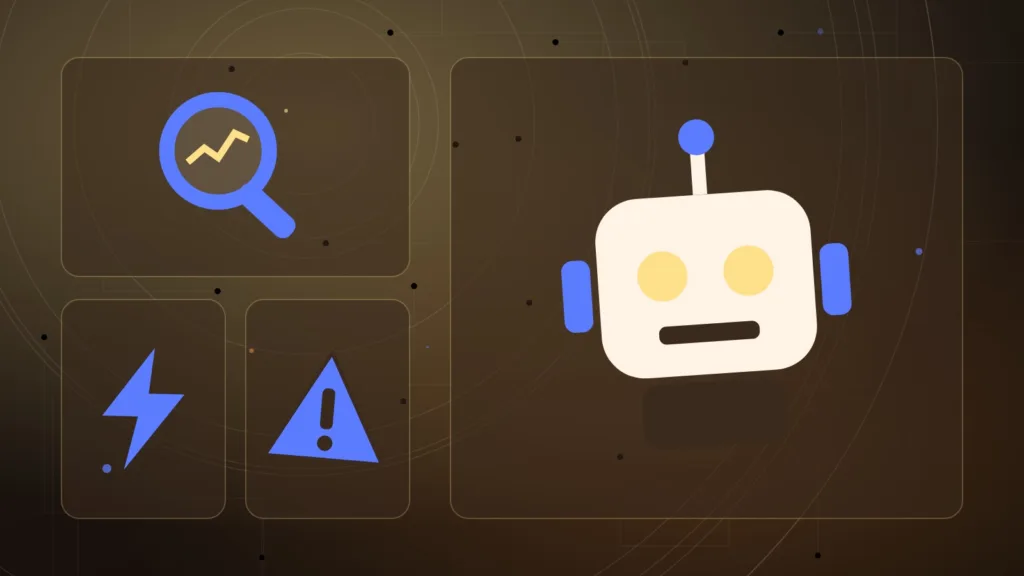 Abstract robot holding a magnifying glass beside a lightning bolt and a warning sign