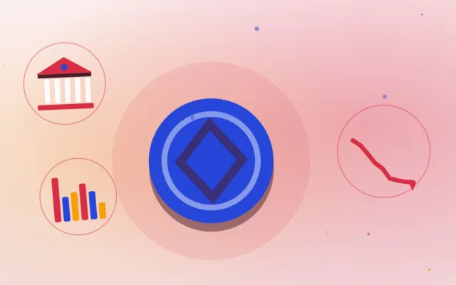 Illustration d'une pièce, d'une courbe en baisse, d'un graphique en barres et d'une banque