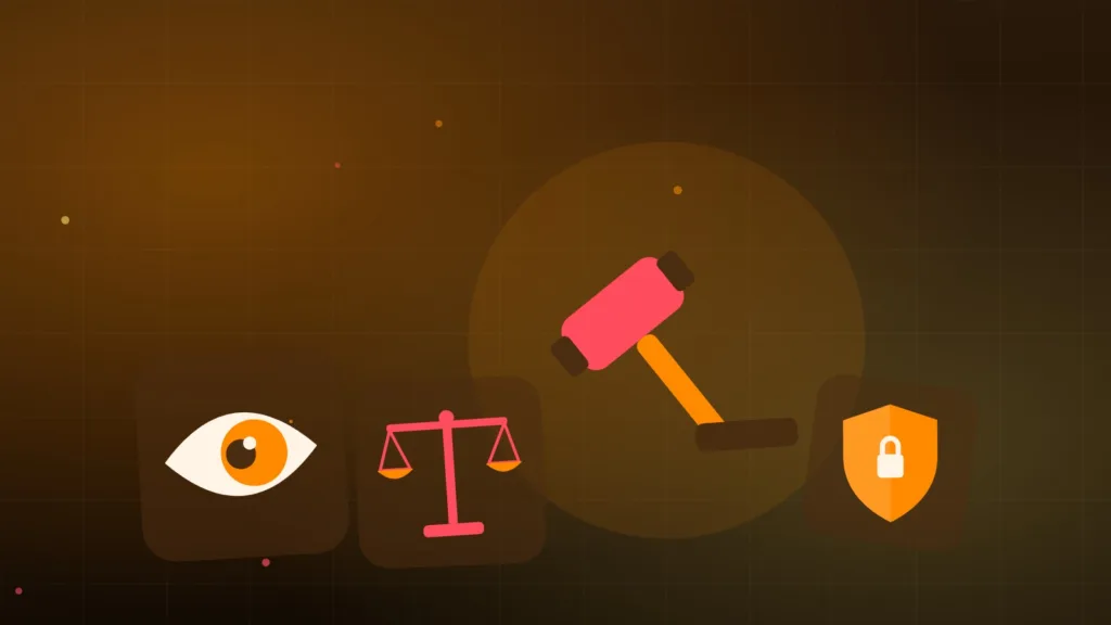 A judge's gavel next to balance scales, a shield and a watchful eye