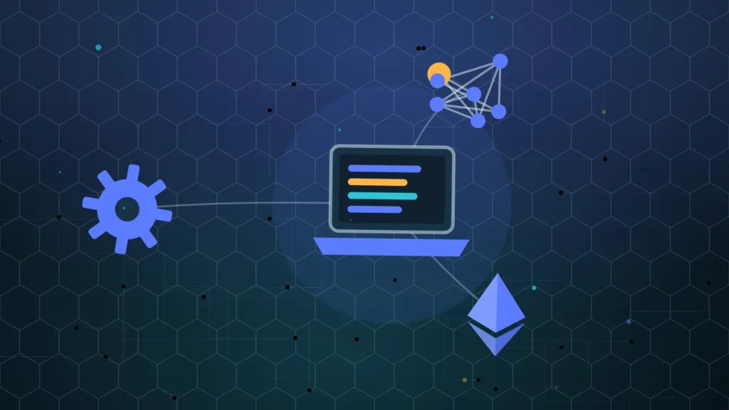 A laptop and turning gears linked to a network of nodes beside a diamond