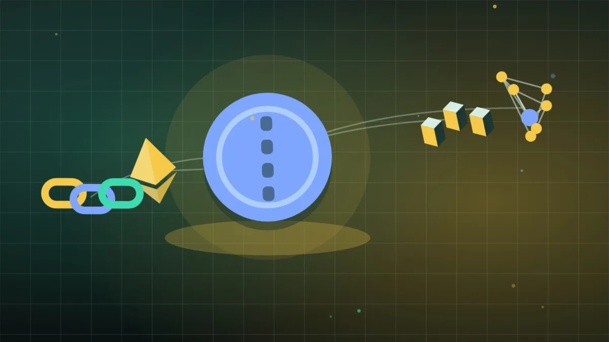 A coin, a faceted diamond and stacked blocks joined by a chain and nodes