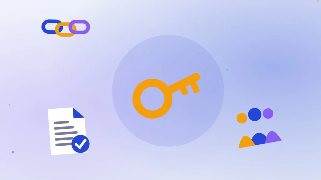 A key beside a signed document linked by a chain to a group of people