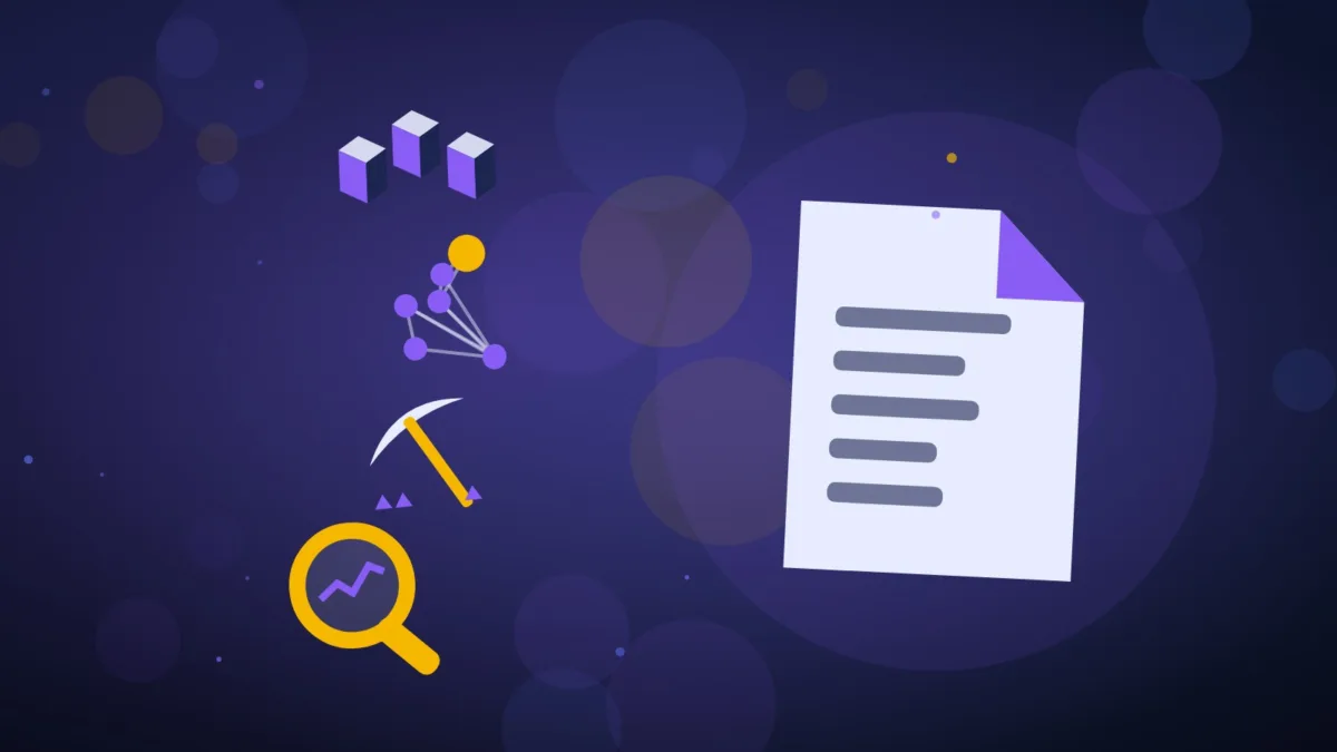 A document surrounded by blocks, network nodes, a pickaxe and a magnifying glass