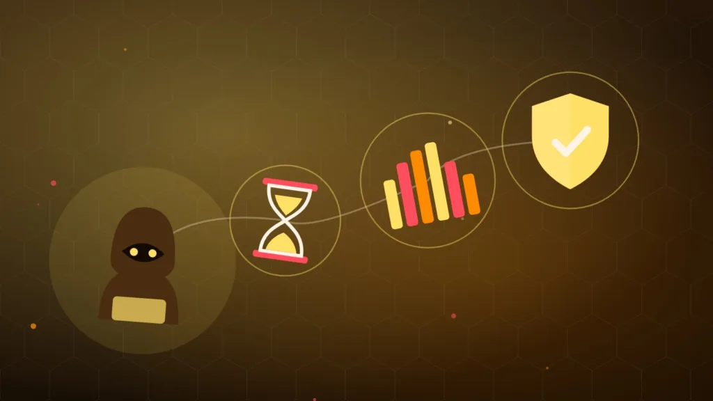 A hooded figure facing an hourglass, a bar chart and a protective shield