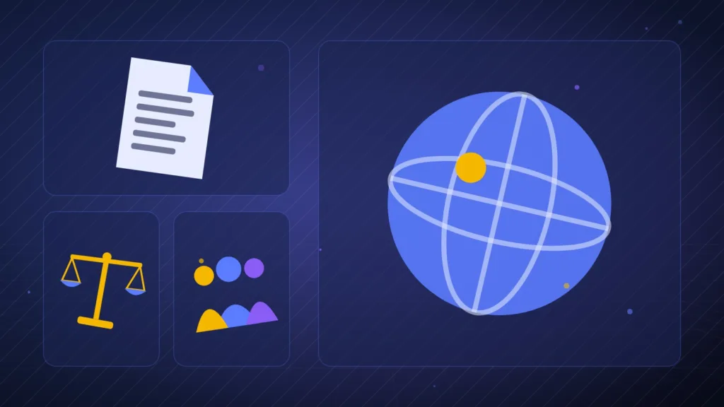 Illustration of a globe, a terms document, scales of justice and a group of people