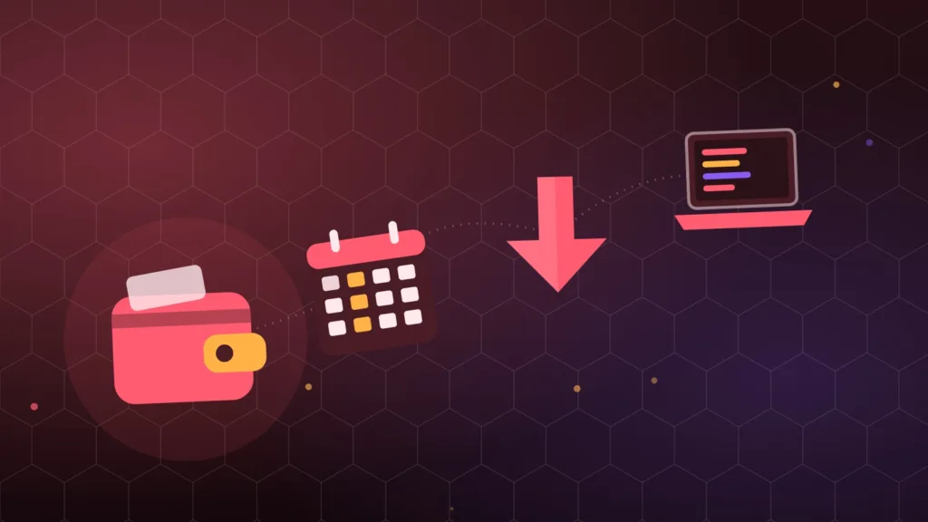 Illustration of a wallet, a calendar, a down arrow and a laptop